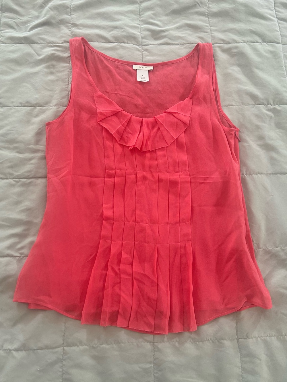 J. Crew 100% Silk, Pink Sleeveless Pleated Blouse, Women’s Size 4, Ruffle Neck